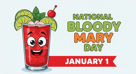Cartoon bloody mary cocktail character celebrating national bloody mary day on january 1st with lime slices, mint, and cherry garnish
