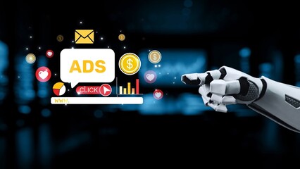 A robotic hand points towards animated digital advertisements and icons, symbolizing the fusion of technology and marketing in the modern advertising landscape. Synapse