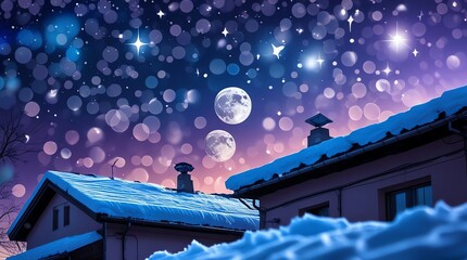 Winter night sky with two moons over snowy rooftops