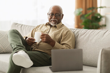A senior man sits on a sofa in a cozy living room, smiling as he drinks coffee and looks at his laptop. Natural light fills the space, creating a warm atmosphere.
