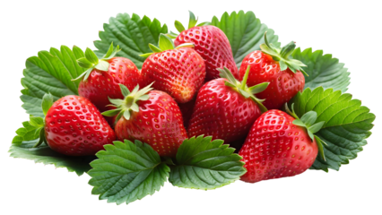 Freshly picked ripe red strawberries with vibrant green leaves for design