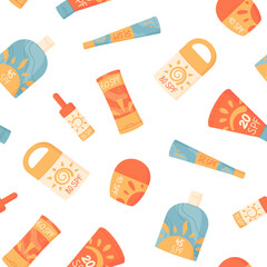 Flat seamless pattern of sunscreen bottle shapes, spf lotion tube, sunblock spray container. Cosmetic sun care pack, summer protection design, seamless wallpaper, cartoon motif, collection texture.