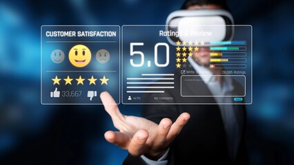 A futuristic scene featuring a businessman in virtual reality, highlighting customer satisfaction ratings and reviews with five-star feedback and emoticons. Raster