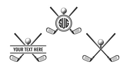 A collection of three graphic emblems featuring crossed golf clubs, golf balls, and customizable text or monogram elements, designed for sports branding and personalization.