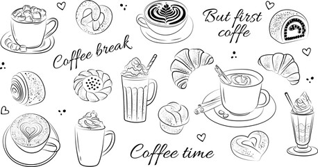 coffee and breakfast items in a sketch style