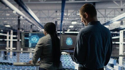 Data center software developers monitor deep learning processes, reviewing operational metrics. Server farm IT specialists work together to review neural networks reports during inspection, camera B
