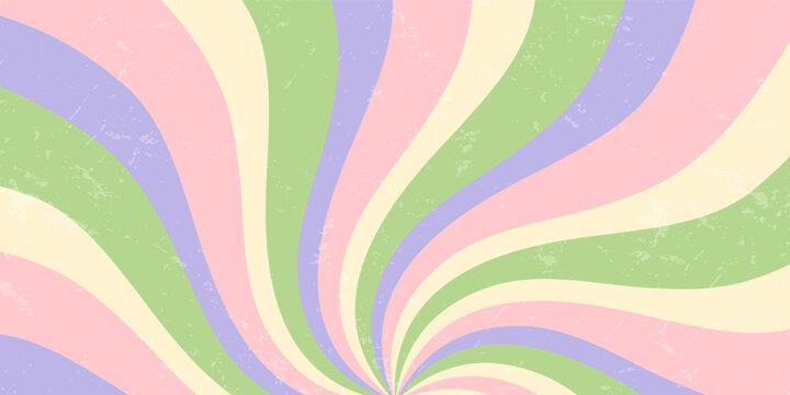 Groovy retro pattern with wavy abstract swirl in pastel colorful tones. Vintage sunshine motif and psychedelic texture create a grungy y2k background. Horizontal orientation perfect for modern art,