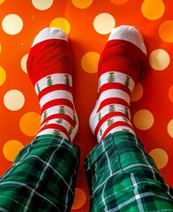 Festive striped Christmas socks worn with green plaid pants on a bright orange polka-dot background, cozy holiday concept with playful seasonal details.