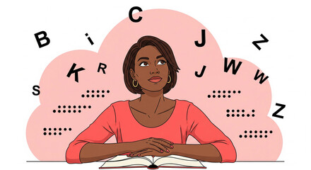 Black female teacher or student thinking about letters and alphabet, education concept with floating characters above head on light pink background