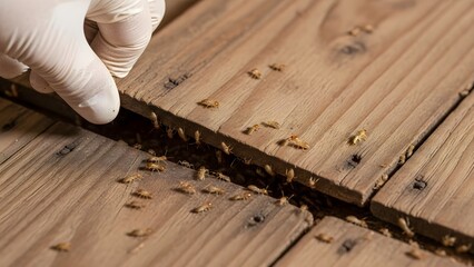 A close-up view of termites infesting wooden planks. A gloved hand is lifting a plank to reveal the small insects. The scene highlights pest control and wood damage.
