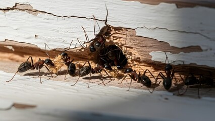 Obraz premium A colony of termites is actively working on a piece of wood. The wood is damaged with visible tunnels. Several termites are seen in various positions.