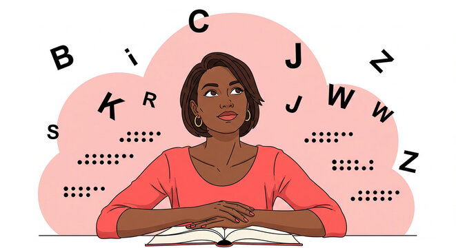 Black female teacher or student thinking about letters and alphabet, education concept with floating characters above head on light pink background - Powered by Adobe