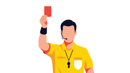 A soccer referee holds up a red card, signaling a penalty during a game, while wearing a yellow jersey and a whistle around his neck.