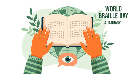 World braille day 4 january illustration with hands reading braille book over globe symbolizing global awareness and inclusivity for visually impaired people