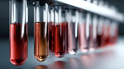 Test tubes filled with various liquid samples stand in a rack, representing scientific analysis, chemical reactions, medical diagnostics, and laboratory research for healthcare and disease detection