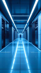 A long, futuristic blue-lit corridor with reflective floors and symmetrical design, evoking a modern data center or sci-fi interior.