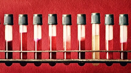Blood samples in a test tube rack undergoing laboratory analysis, representing medical testing, scientific research, and diagnostic processes in healthcare