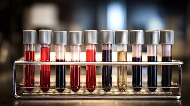 Lined up blood samples in capped test tubes are standing in a metal rack inside a laboratory for medical testing, healthcare diagnostics, and scientific research