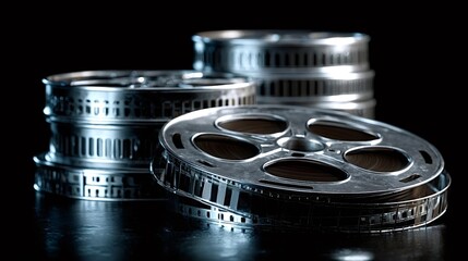 Silver metallic film reels lie on a dark, reflective surface, creating a classic cinematic atmosphere, representing film production, storytelling, and the history of motion pictures