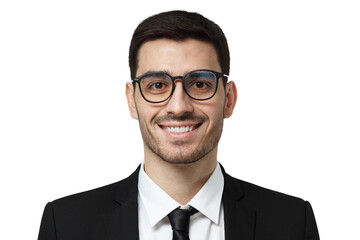 Close-up portrait of smiling handsome businessman in formal suit and black tie