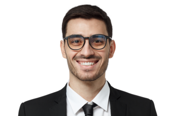 Headshot of handsome businessman with stylish eyeglasses on, showing happy friendly smile