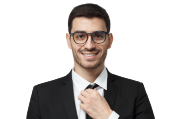 Close-up shot of young businessman in spectacles, straightening his tie, looking positive and confident, satisfied with success of his team
