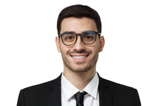 Close-up portrait of smiling handsome businessman in formal suit and black tie - Powered by Adobe