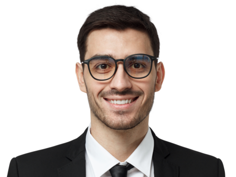 Young handsome businessman in glasses wearing black formal suit, white shirt and tie, looking confident and smiling - Powered by Adobe