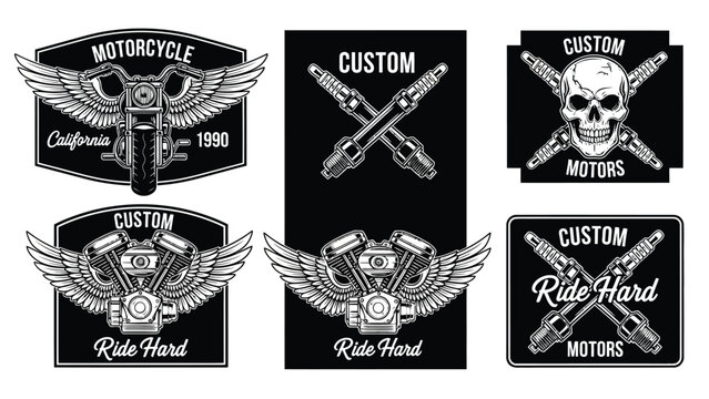 A collection of custom motorcycle emblems featuring wings, engines, spark plugs, and a skull, designed for a rugged and rebellious aesthetic. - Powered by Adobe