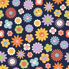 Groovy retro seamless cartoon pattern with happy smiley daisy flowers and colorful floral background. This y2k inspired design offers funky vintage charm and playful mood with artistic pop