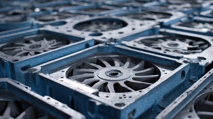 Naklejka premium Closeup of an aircooled casting setup featuring strategically placed fans and vents optimizing airflow to accelerate cooling in industrial metal forming.