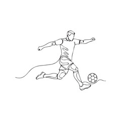 Continuous line drawing of soccer player kicking ball. Football player vector illustration. Single line art of athlete shooting a goal. Minimalist sport concept design on white background. © Journey