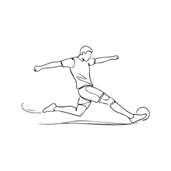 Continuous line drawing of soccer player kicking ball. Football player vector illustration. Single line art of athlete shooting a goal. Minimalist sport concept design on white background.