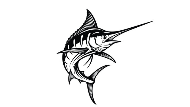 A dynamic illustration of a marlin fish leaping out of the water against a stark white background, showcasing its powerful fins and sharp bill.