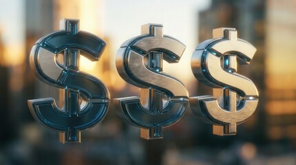 Three Metallic Dollar Signs Representing Wealth and Prosperity
