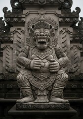 Obraz premium Ancient Stone Statue of a Mythical Guardian Figure in a Balinese Temple.