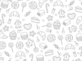 A background with doodle-style pastries: croissants, donuts, muffins, cookies, sweets, and candies. Perfect for sweet packaging, cafe and pastry shop menus, or candy shop banners.
