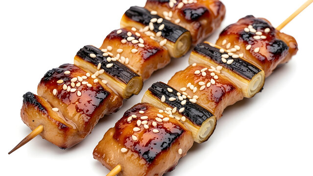 Gourmet glossy yakitori skewers with charred edges. Isolated on White background.