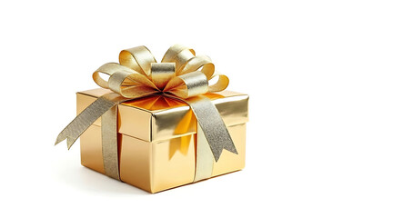 Obraz premium Gold gift box with metallic ribbon and bow on white background conveying celebration and luxury