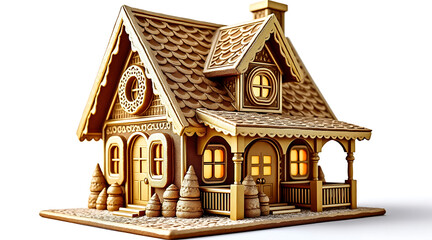 Golden gingerbread house sculpture, miniature cookie cottage, ornate roof, glowing windows, decorative trees, cozy festive mood