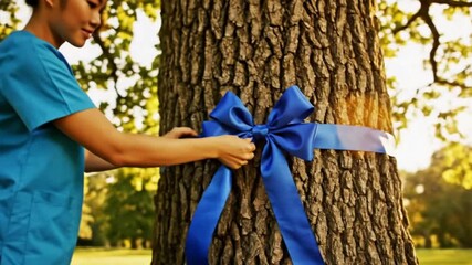 Low-Angle Shot of Healthcare Worker Tying Blue Ribbon on Tree as a Symbol of Awareness