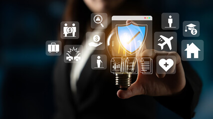 Various insurance icons like travel, health, home, and car protection connected to a central blue shield icon Parse