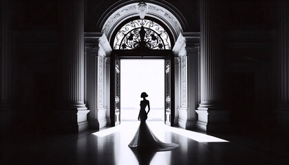 A high contrast brides silhouette in doorway, Ai generated image