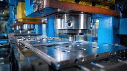 Hydraulic industrial stamp machine exerting powerful pressure on metal sheets demonstrating robust performance in a heavy manufacturing environment.