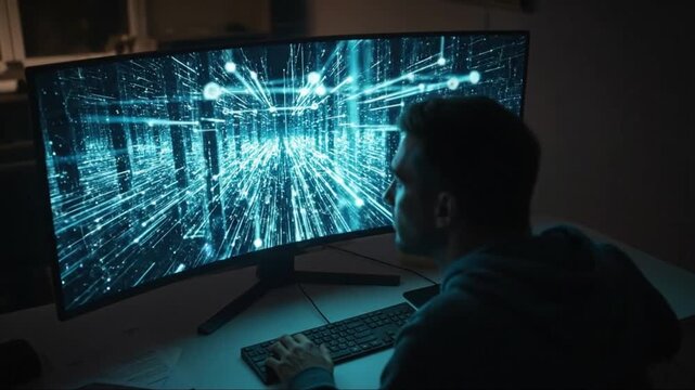 Futuristic Digital Data Stream Visualization with a Man Engaged in Deep Focus in a Dark Room