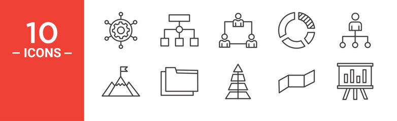 Business management icon set. Business management vector symbol in black filled and outlined style.
