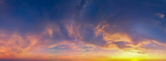 Starry Night Cloudscape With Milky Way Arc Over Sunrise Horizon And Soft Clouds