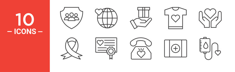 Charity icon set. Charity vector symbol in black filled and outlined style.