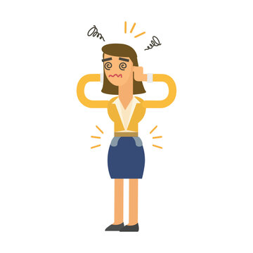 Sick woman standing and holding her head, feeling dizzy or suffering from a severe headache. Concept of vertigo