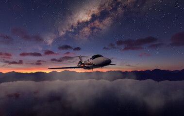 Sleek Private Jet Soaring Over Twilight Mountains Under Milky Way And Starry Sky